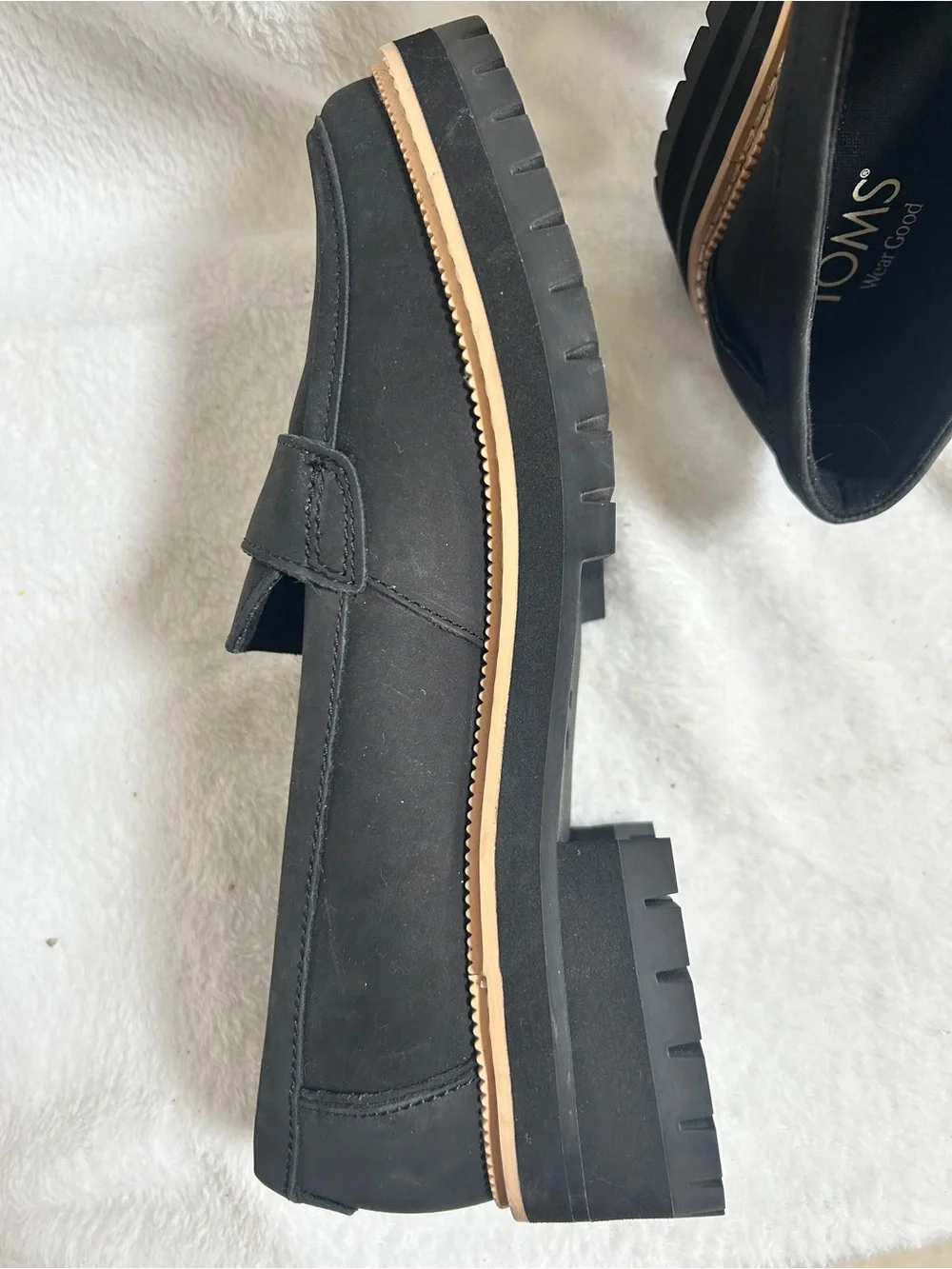 TOMS Black Loafers with Tan Trim - Men's Slip-On Penny Style